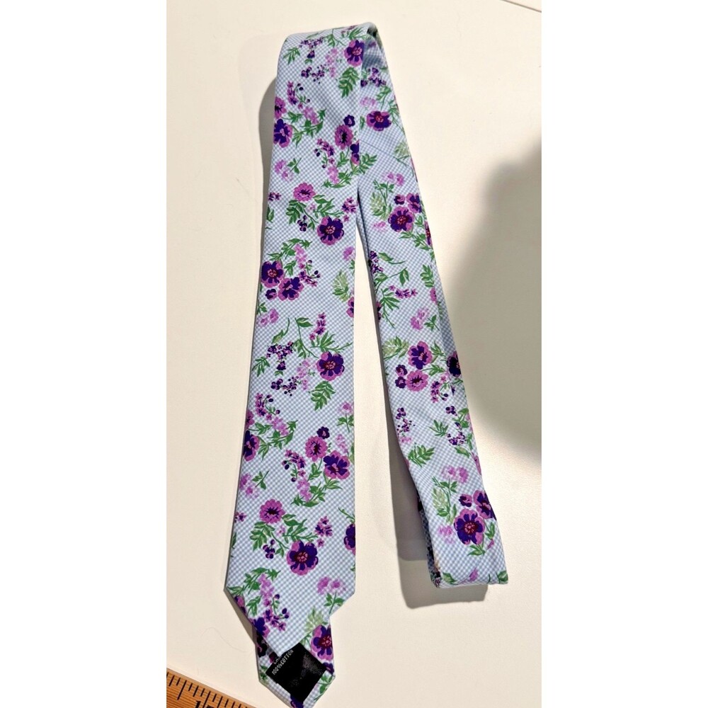 Bar III Men's Purple Floral Business Tie Necktie Skinny Blue gingham Cotton